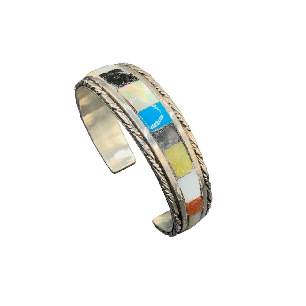 Signed JCS Sterling silver and stones inlay Cuff Bracelet turquoise shell Onyx h